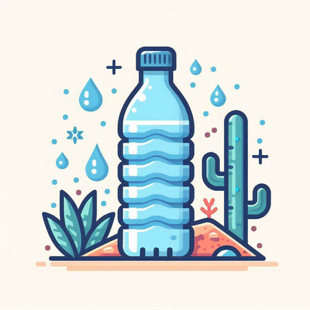 Plastic bottle with water and cactus. Flat style vector illustration.のイラスト素材