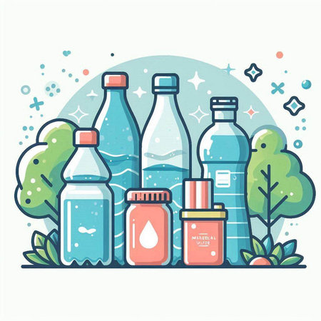 Plastic bottles with clean water. Vector illustration in flat style.のイラスト素材