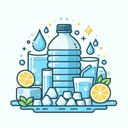 Bottle of water, ice cubes, lemon and mint. Vector illustration.のイラスト素材