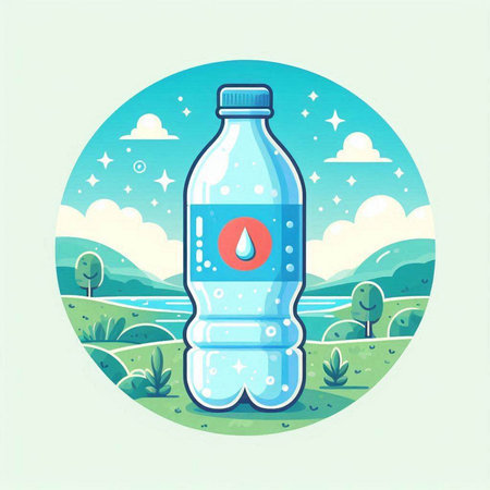 Vector illustration of a bottle of water on the background of nature.のイラスト素材