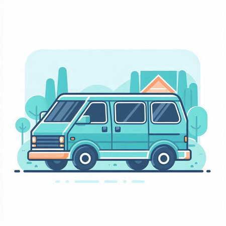 Colorful flat vector illustration of a van on a white background.のイラスト素材