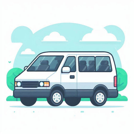 Van in the park. Vector illustration in flat style. Isolated on white background.のイラスト素材