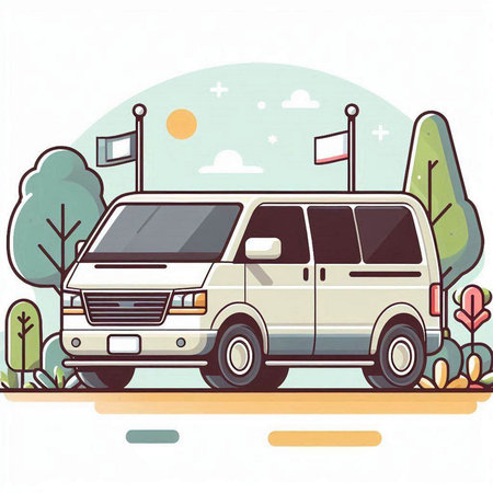 Van on the road. Vector illustration in flat style. Side view.のイラスト素材