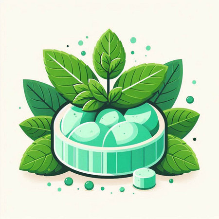 Vector illustration of mint and pills on a white background with green leaves.のイラスト素材