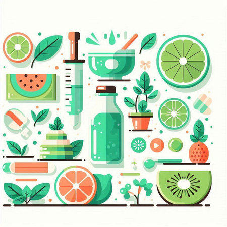 Flat design vector illustration concept of natural organic cosmetics with vitamins and minerals.のイラスト素材