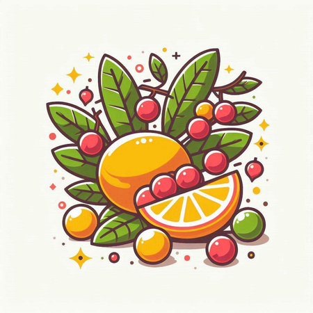 Orange fruit with leaves and berries. Vector illustration in cartoon style.のイラスト素材