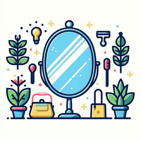 Vector illustration of hand mirror isolated on white background. Line art style.のイラスト素材