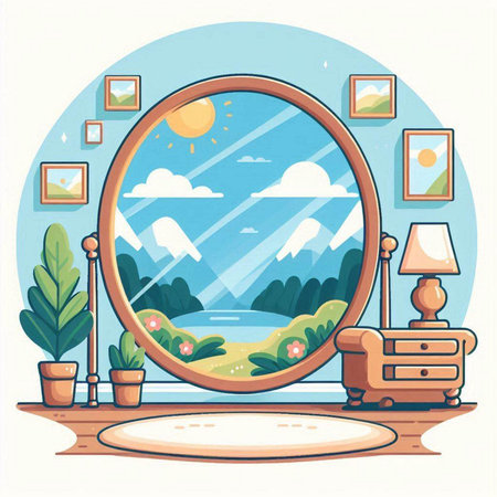 Vector illustration of a room interior with a mirror and a bedside tableのイラスト素材