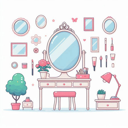 Vector illustration of a dressing room with mirror, mirror, cosmetics and flowers.のイラスト素材