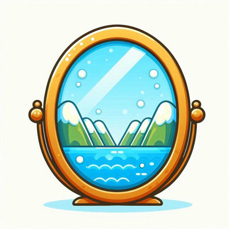 Vector illustration of a cute cartoon mirror with snowflakes and mountains.のイラスト素材