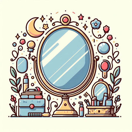 Vector hand drawn doodle illustration of a mirror and cosmetics.のイラスト素材