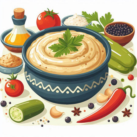 Illustration of a bowl of hummus with ingredients on the backgroundのイラスト素材