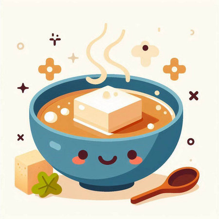 Cute kawaii tofu soup in bowl. Vector illustration.のイラスト素材