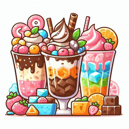 Vector illustration of ice cream in glasses with different toppings. Colorful cartoon style.のイラスト素材