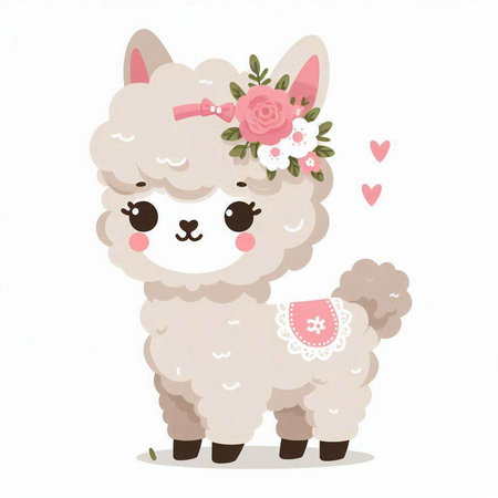 Cute alpaca with flower wreath. Vector illustration.のイラスト素材
