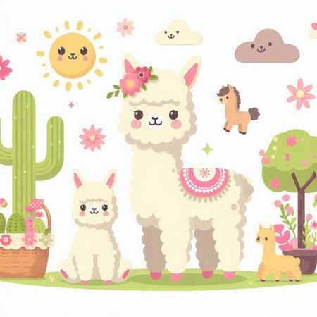 Cute alpaca, llama and cactus illustration.のイラスト素材