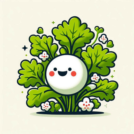 Cute vegetable character with green leaves and flowers. Vector illustration.のイラスト素材