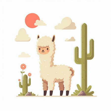 Cute llama in the desert with cactuses. Vector illustration.のイラスト素材