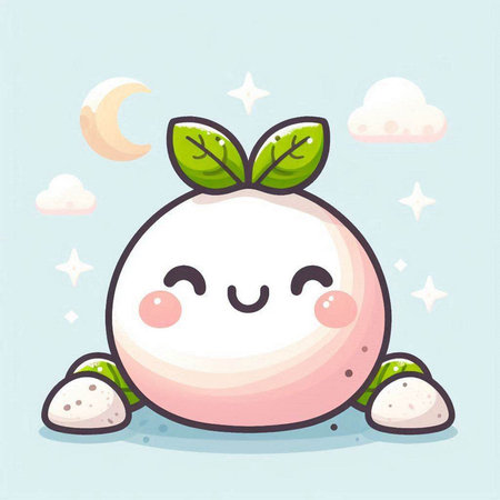 Cute cartoon mozzarella cheese character on the moonlight backgroundのイラスト素材