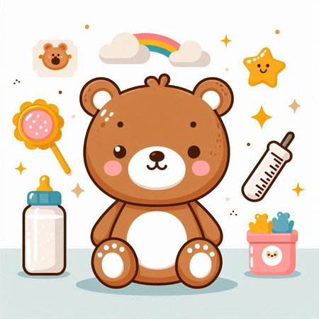 Cute teddy bear with milk bottle and baby food. Vector illustration.のイラスト素材