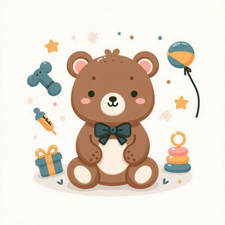 Cute teddy bear with a bow tie and gifts, vector illustrationのイラスト素材