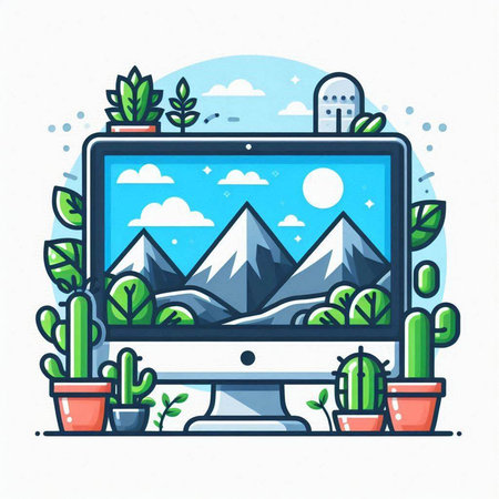Computer screen with mountain landscape and cactus in pot. Vector illustration.のイラスト素材