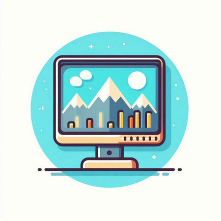 Computer monitor with graph icon on the screen. Vector illustration in flat styleのイラスト素材