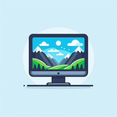 Computer screen with mountains and clouds. Vector illustration in flat style.のイラスト素材