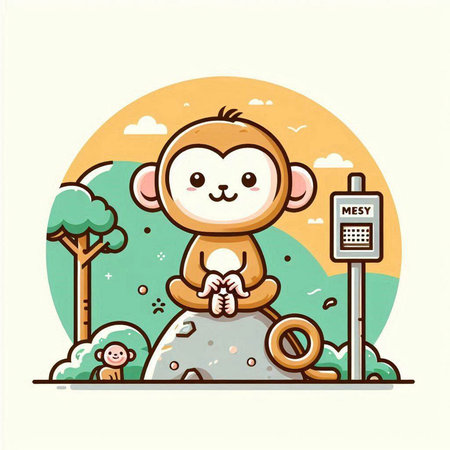 Monkey sitting on the rock in the park, vector illustration.のイラスト素材