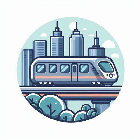 Modern train on the background of the city. Vector illustration in flat style.のイラスト素材