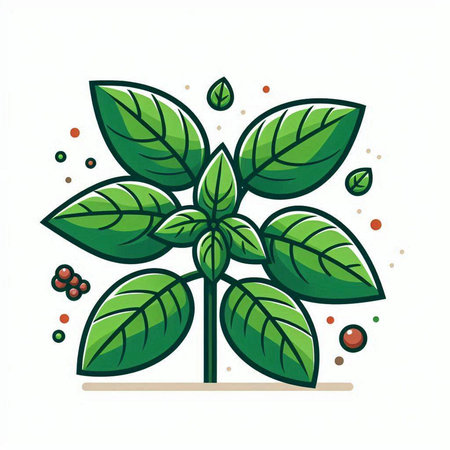 Illustration of a green plant with leaves and berries on a white backgroundのイラスト素材