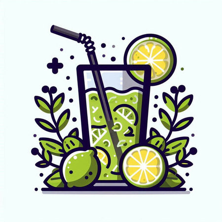 Lemonade with lime and mint. Vector illustration in flat style.のイラスト素材