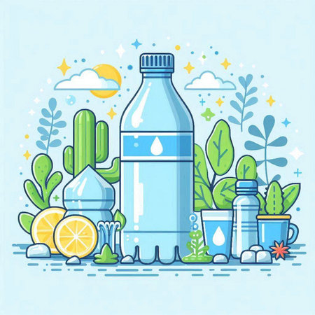 Bottle of water, lemon and cactus. Flat style vector illustration.のイラスト素材