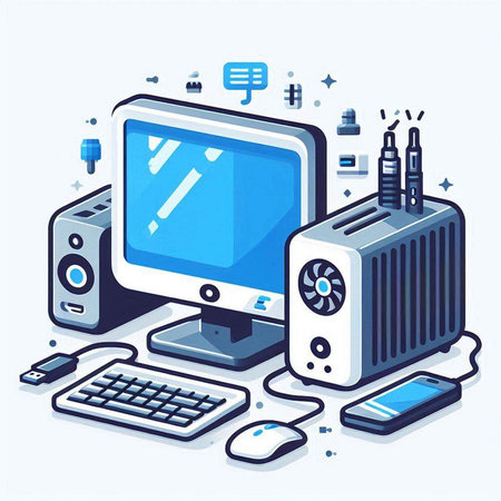 Electronic devices and gadgets. Vector isometric illustration. Computer, laptop, cpu, router, mobile phone.のイラスト素材