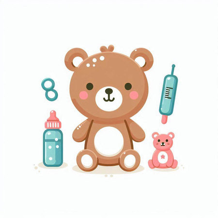 Cute teddy bear with baby bottle and thermometer. Vector illustration.のイラスト素材