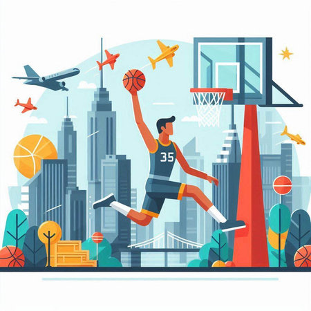 Basketball player in action on the background of the city. Vector illustrationのイラスト素材