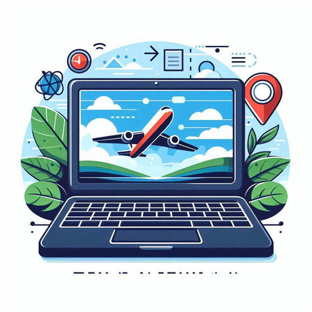 Vector illustration of a laptop with airplane on screen. Online travel concept.のイラスト素材