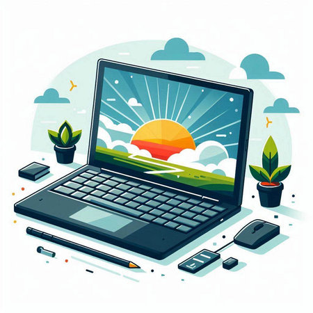 Laptop computer with sun and clouds on screen. Vector illustration.のイラスト素材
