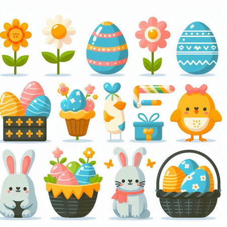 Easter eggs in basket with bunny, flowers and gift boxes. Vector illustrationのイラスト素材