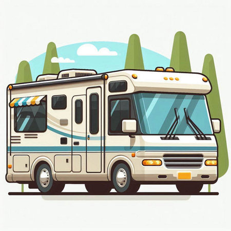Camping trailer. Vector illustration in flat style. Camper vehicleのイラスト素材