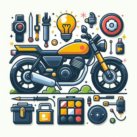 Vector illustration of motorcycle and accessories in flat style. Motorcycle repair concept.のイラスト素材