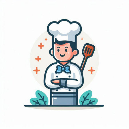 Chef with spatula and ladle. Vector illustration in cartoon styleのイラスト素材