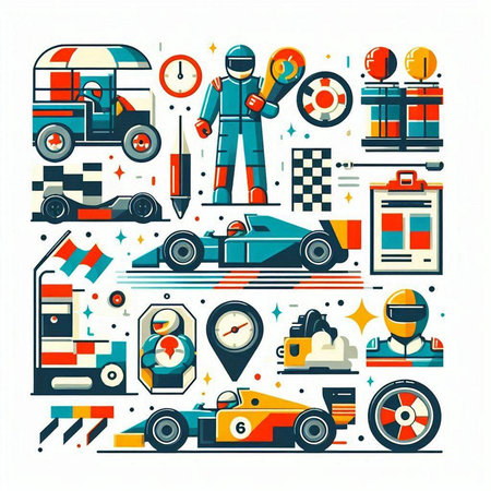 Car racing flat icons set with driver, race car, speedometer, tire and other elements isolated vector illustrationのイラスト素材