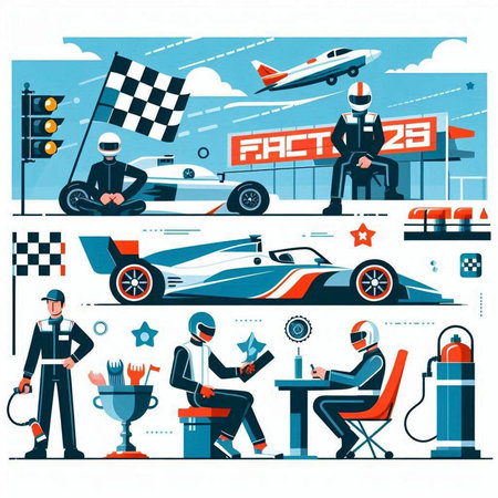 Car racing flat vector illustration set. Cartoon people characters with racing car, driver, racer, driver, racers, race track elements.のイラスト素材