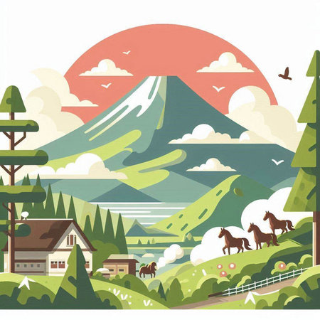 Landscape with mountains and horses. Vector illustration in flat style.のイラスト素材