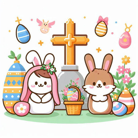Easter bunny with cross, eggs and flowers. Vector illustration.のイラスト素材