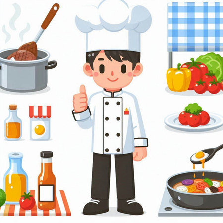 Chef boy cartoon character in uniform and hat cooking food vector illustrationのイラスト素材