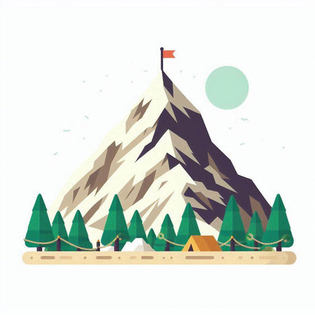 Mountains with a flag on top. Vector illustration in flat styleのイラスト素材