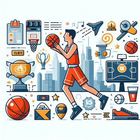 Basketball player, sport equipment, basketball game, vector illustration.のイラスト素材