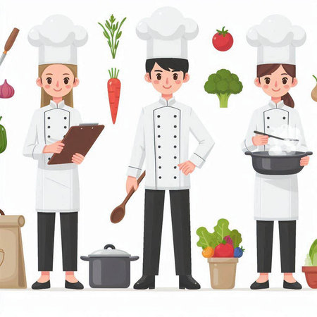 Chef and cook characters vector illustration. Cartoon chef man and woman in uniform and hat.のイラスト素材